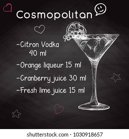Simple recipe for an alcoholic cocktail Cosmopolitan. Drawing chalk on a blackboard. Vector illustration of a sketch style.