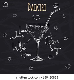 Simple recipe for an alcoholic cocktail Daikiri. Drawing chalk on a blackboard. Vector illustration of a sketch style.