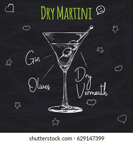 Simple recipe for an alcoholic cocktail Dry Martini. Drawing chalk on a blackboard. Vector illustration of a sketch style.