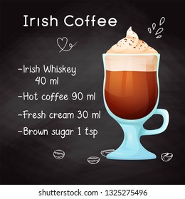 Simple recipe for an alcoholic cocktail Irish Coffee. Drawing chalk on a blackboard. 