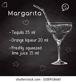 Simple recipe for an alcoholic cocktail Margarita. Drawing chalk on a blackboard. Vector illustration of a sketch style.