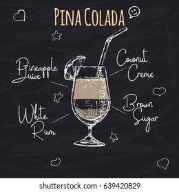 Simple recipe for an alcoholic cocktail Pina Colada. Drawing chalk on a blackboard. Vector illustration of a sketch style.