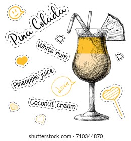 Simple recipe for an alcoholic cocktail Pina Colada. Vector illustration of a sketch style