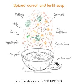 Simple recipe for soup. Spiced carrot and lentil soup. Vector illustration