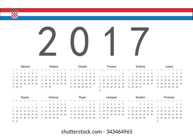 Simple rectangle Croatian 2017 year vector calendar. Week starts from Sunday.
