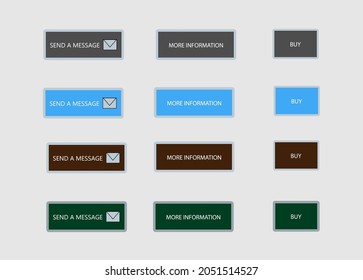Simple rectangular button styles for websites. You can substitute any other text. All buttons are solid color without gradients.