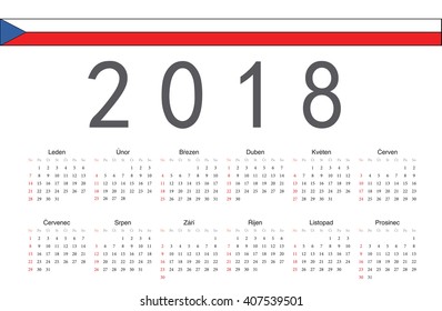 Simple rectangular Czech 2018 year vector calendar. Week starts from Sunday.