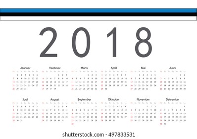 Simple rectangular Estonian 2018 year vector calendar. Week starts from Sunday.