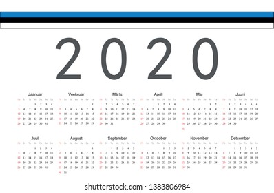 Simple rectangular Estonian 2020 year vector calendar. Week starts from Sunday.