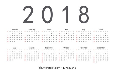 Simple rectangular European 2018 year vector calendar. Week starts from Sunday.