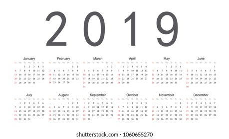 Simple rectangular European 2019 year vector calendar. Week starts from Sunday.