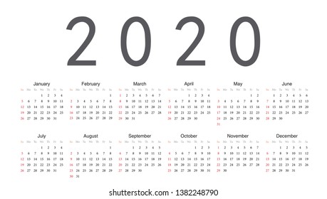 Simple rectangular European 2020 year vector calendar. Week starts from Sunday.