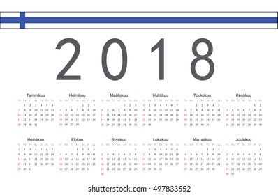 Simple rectangular Finnish 2018 year vector calendar. Week starts from Sunday.