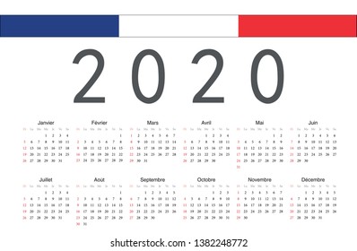 Simple rectangular French 2020 year vector calendar. Week starts from Sunday.