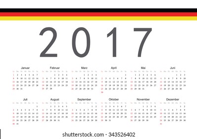 Simple rectangular German 2017 year vector calendar. Week starts from Sunday.