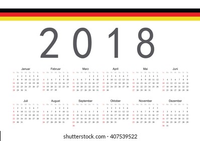 Simple rectangular German 2018 year vector calendar. Week starts from Sunday.