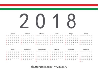 Simple rectangular Hungarian 2018 year vector calendar. Week starts from Sunday.