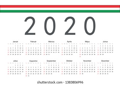 Simple rectangular Hungarian 2020 year vector calendar. Week starts from Sunday.