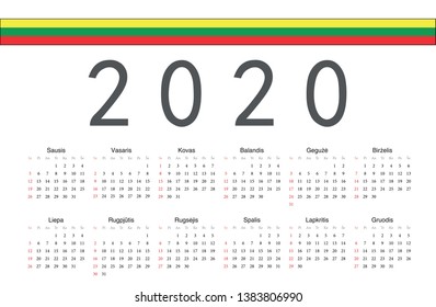 Simple rectangular Lithuanian 2020 year vector calendar. Week starts from Sunday.