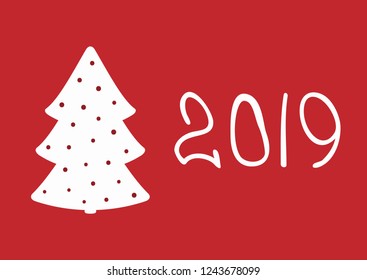 Simple rectangular New Year card with christmas tree and number 2019. Vector illustration.