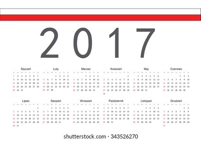 Simple rectangular Polish 2017 year vector calendar. Week starts from Sunday.