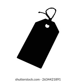 A simple, rectangular price tag silhouette with a string, featuring a minimalist design.