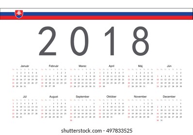 Simple rectangular Slovak 2018 year vector calendar. Week starts from Sunday.