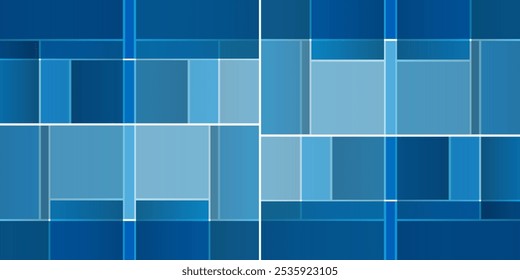 Simple Rectangular Tiled Frames of Various Sizes, Colored in Shades of Blue - Geometric Shapes Pattern, Texture on Wide Scale Background - Design Template in Editable Vector Format