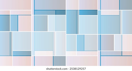 Simples retangular Trilhados quadros de vários tamanhos, coloridos em tons de azul, cinza e rosa - padrão de formas geométricas, textura em escala larga fundo - Modelo de design em formato vetorial editável