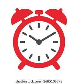 El simple reloj despertador rojo cuenta con dos campanas y manos cortas negras, mostrando la hora sobre un fondo blanco.