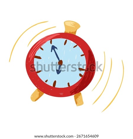 Simple red alarm clock . Vector hand drawn child like illustration. Minimalistic sketch art for school projects, morning routine design, stickers, print and time management themes