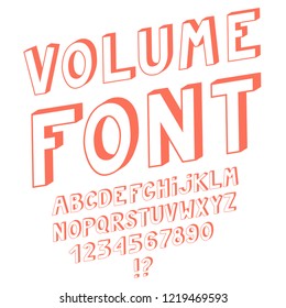Simple red alphabet with 3d effect. Isolated on white background. Vector illustration. Letters and numbers. 