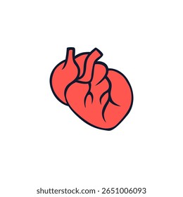 Simple red anatomical heart with bold black outlines, minimalistic style emphasizing main features.