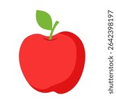 Simple Red Apple with Green Leaf Illustration on White Background