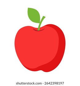Simple Red Apple with Green Leaf Illustration on White Background