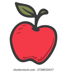 Simples ilustração de maçã vermelha com folha verde em um estilo de desenho animado plano arrojado. Ideal para educação, nutrição, saúde, marca de alimentos, conteúdo infantil e design de ícones em fundo branco. Arte vetorial