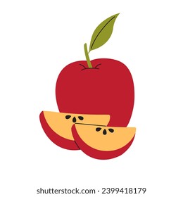 Simple Red apple with slices isolated on white background. Ingredient for baking and cooking. Illustration for your recipe, design, cookbook. Vector flat illustration.