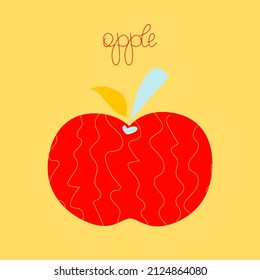 Simple red apple vector illustration on the pastel yellow background. Abstract apple illustration. Wavy lines, blue and orange leaf. Harvest autumn fruit logo. Design icon. Hand written logo.