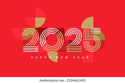 Simple red banner for 2025 New Year. Greeting poster with numbers from lines and simple geometry shapes on bckground.Template for flyer,web, cover,calendar,web,presentation,print.Vector illustration