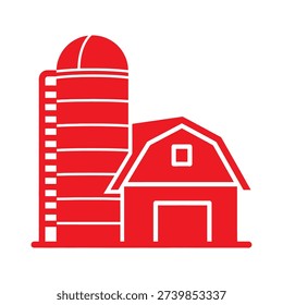 Simple red barn and silo graphic icon