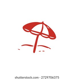 Un simple icono de sombrilla de playa roja se coloca sobre la arena sobre un fondo blanco limpio, simbolizando el ocio y las vacaciones de verano.
