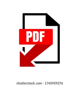 signo simple rojo negro plano del icono de descarga pdf aislado en fondo blanco

