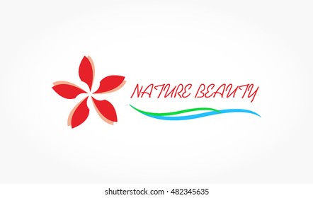 simple red blooming flower with green blue waves line for natural beauty logo vector