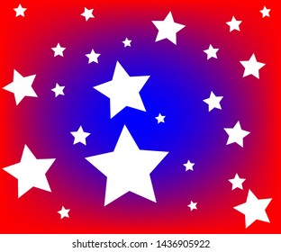 Simple red and blue gradient mesh background with white vector stars all over. 4th of July, Independence Day, Columbus day, American flag. 