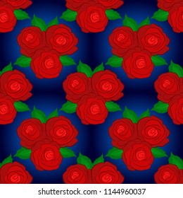 Simple red, blue and green vector roses with green leaves seamless pattern.