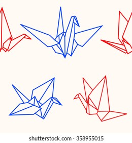 simple red and blue origami seamless pattern with paper cranes