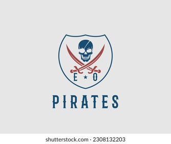 Simple Red Blue Pirates Skull With Cross Sword Logo Design Template