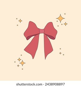 Simple red bow and yellow sparkles. Decoration for girls, hair care, for gift, present boxes and clothes. Cartoon flat vector illustration