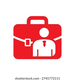 Simple red briefcase icon containing businessman symbol