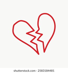 Simple red broken heart illustration on a white background. The heart is split in two, symbolizing heartbreak. Red heart, broken heart, heartbreak symbol. Valentine's Day illustration vector.